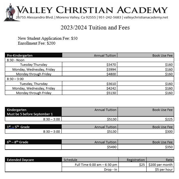 Valley Christian Academy 2023/2024 tuition chart